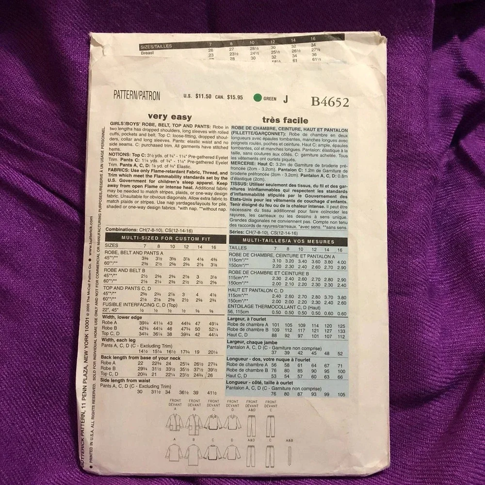 Butterick Sewing pattern 4652 kids pajamas and robe sz7